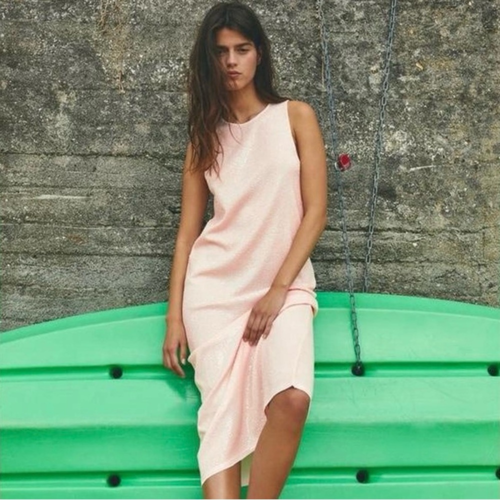 ZARA Limited Edition Baby Pink Sequin Sleeveless Tank Midi Dress Size S